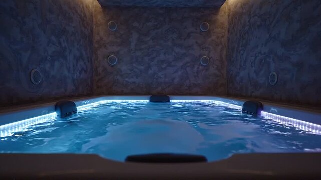 Indoor spa with illuminated hot tub water transitioning from soft white to blue light, showcasing a relaxing atmosphere in a modern, elegantly designed space