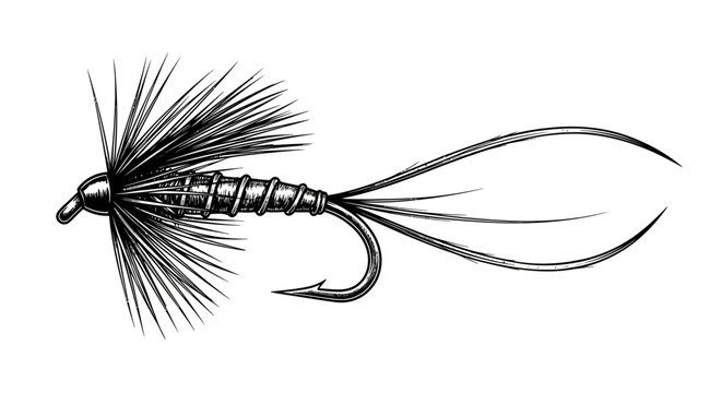 Vintage fly fishing lure vector illustration. Hand drawn fishing fly icon with hook and feathers. Black and white trout lure graphic.