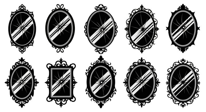 Vintage gothic mirror silhouettes, 10 ornate black frame icons. Antique victorian oval mirrors with cracked glass. Spooky halloween decor vectors.