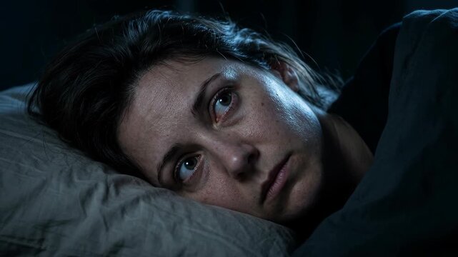Worried woman lying awake in bed at night with insomnia