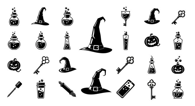 Witchcraft halloween icons set, black magic potion bottles and wizard hats, spooky occult vector elements for gothic design
