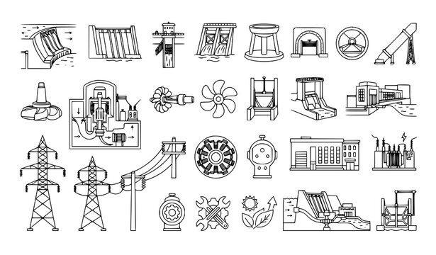 Hydropower Dam Engineering Turbine Generator Renewable Energy Outline Vector Icons