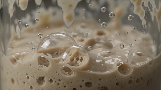 Active Sourdough Starter Fermenting With Bubbles in Glass Jar