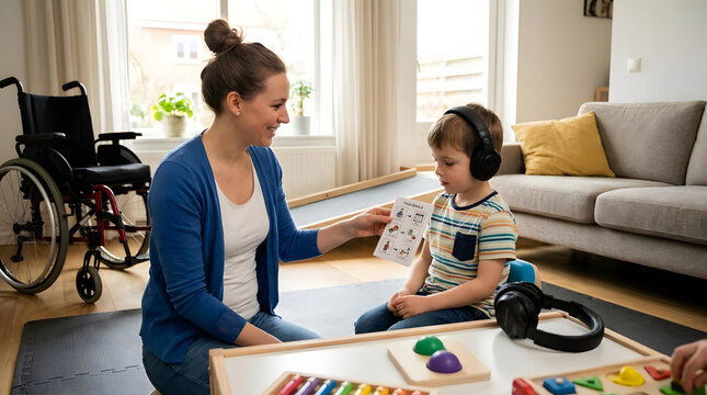 Therapist using cards for speech therapy with child.