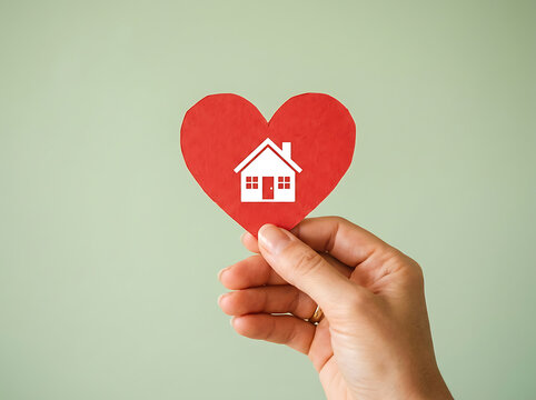Hand holding red heart with house icon
