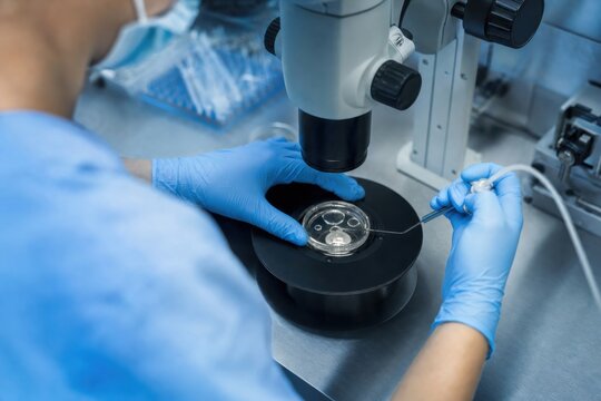 Embryologist working at a microscope in an IVF lab