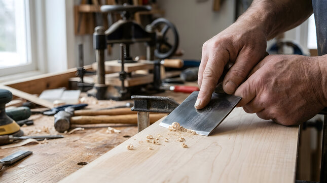 Close-up of a professional woodworker's hands using a metal cabinet scraper to smooth a wooden surface on a messy workbench in a carpentry workshop filled with traditional hand tools.