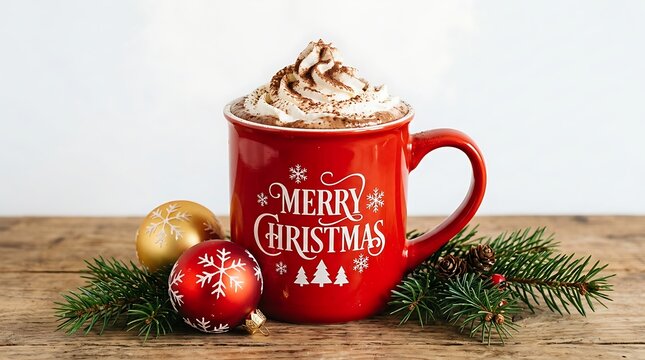 Red christmas mug with hot chocolate and whipped cream, decorated with ornaments and pine branches on a rustic wooden table