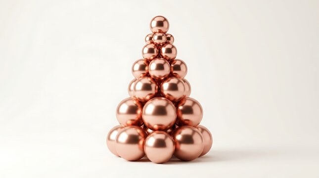 Minimalist christmas tree made of shiny metallic rose gold spheres isolated on white background