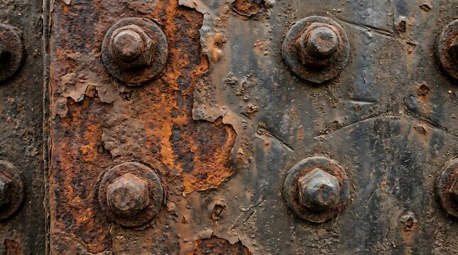 Weathered industrial steel plate surface featuring heavy corrosion and exposed iron rivets detail with displays close texture texture heavily rusted