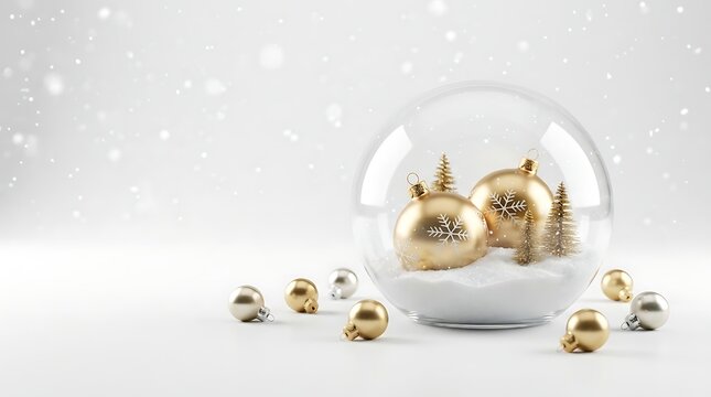 Christmas glass snow globe with golden ornaments and miniature pine trees inside, isolated on white background