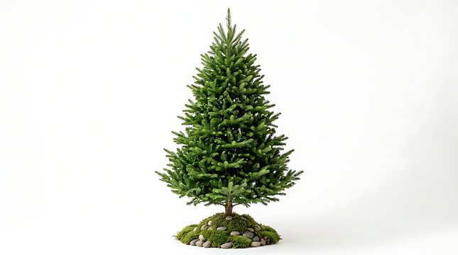 Small evergreen christmas tree with moss and stones at the base isolated on white background