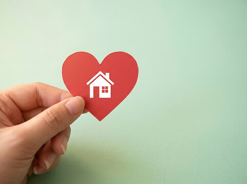 Hand holding red heart with house icon