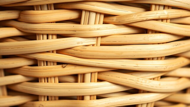A close up macro view of a woven wicker basket surface showing the detailed texture and pattern of interlaced natural light brown wooden reeds