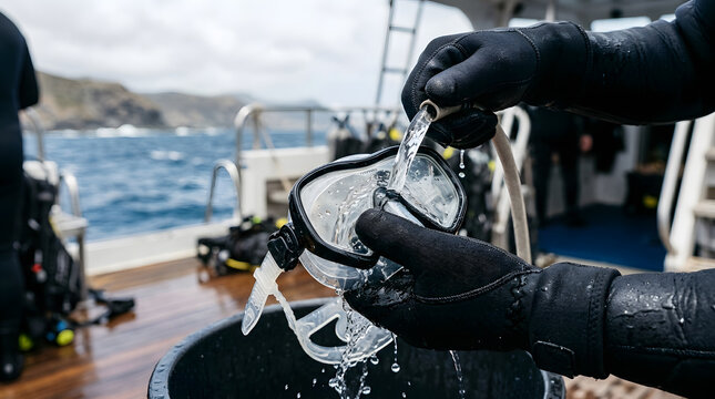 Scuba diver in black neoprene gloves rinsing a professional diving mask with fresh water from a hose on a boat deck at sea; concept of gear maintenance, preparation for underwater exploration.