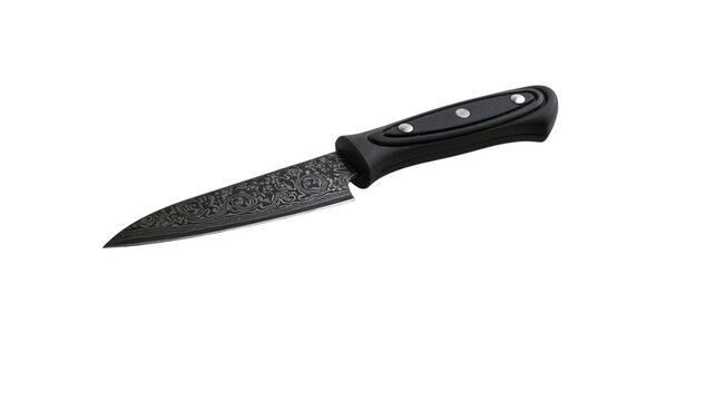 Black handled utility knife with Damascus pattern blade