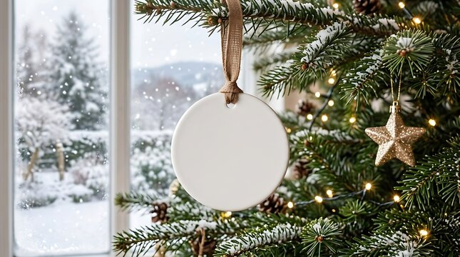 Blank white ceramic christmas ornament hanging on a snowy pine tree branch with festive lights and a winter window background