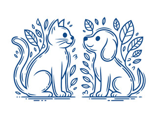 Naklejka premium Friendly sitting cat and dog