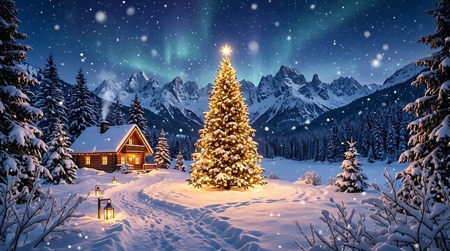 Beautiful winter landscape with a glowing christmas tree, a cozy wooden cabin, snowcovered mountains, and a vibrant aurora borealis in the night sky