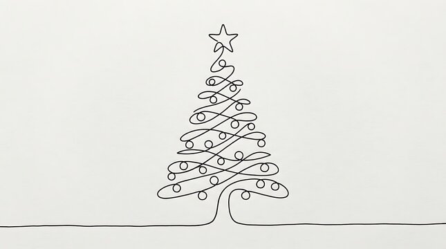 Minimalist continuous line drawing of a christmas tree with ornaments and a star, isolated on white background