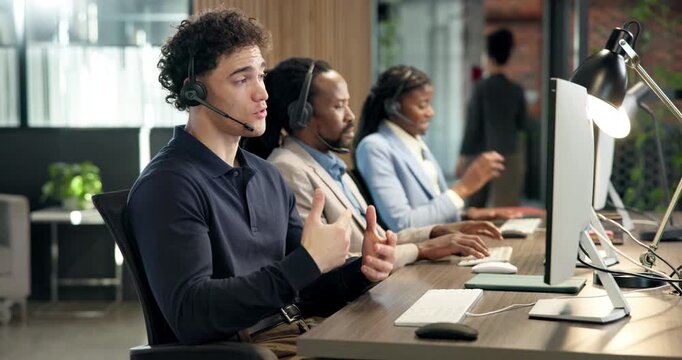 Man, computer and headset in call center for sales, telemarketing and explain offer for insurance. Agent, coworking and technology in agency for communication, policy advice and list coverage options