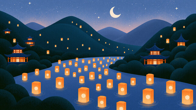 Many glowing lanterns float down a river at night near traditional buildings under a starry sky with a crescent moon in a peaceful landscape illustration