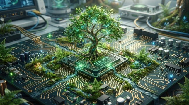 A futuristic, detailed image showcases a vibrant tree growing out of a complex computer circuit board.