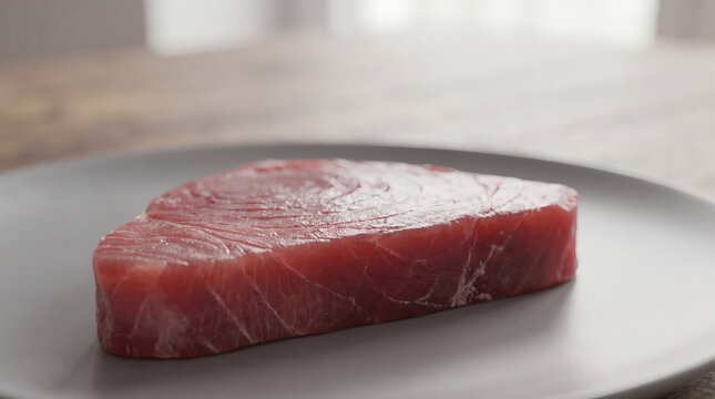 Fresh raw red tuna fillet steak on gray plate, healthy protein seafood ingredient.