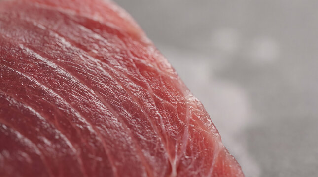 Extreme macro shot of raw fresh tuna steak showing detailed muscle fibers and meat texture