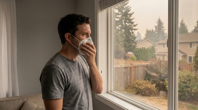 Man wearing n95 mask looks worriedly out window at hazy smoky sky over suburban neighborhood outdoors.