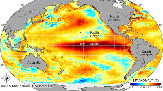 Satellite map showing Pacific Ocean sea surface temperature anomalies and El Nino climate data.