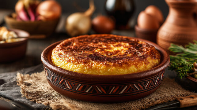 Traditional Chilean pastel de choclo in rustic clay dish, warm autumn atmosphere, Chilean Independence celebration decor, premium food styling, no people