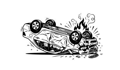 Obraz premium Upside down burning automobile crash cartoon flat black white vector