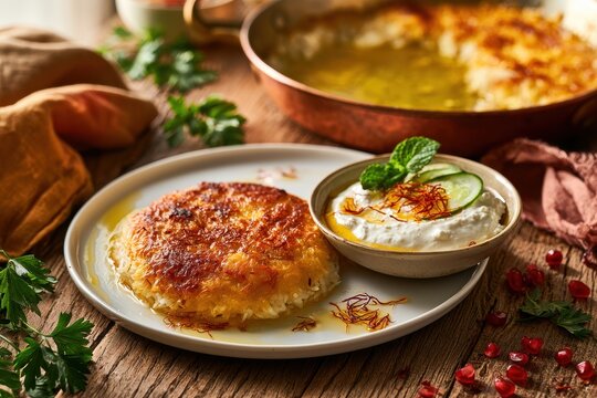Golden crust rice tahdig served with labneh cheese, garnished with saffron threads and herbs