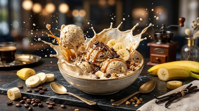 A decadent coffee banana ice cream sundae is presented in a ceramic bowl.