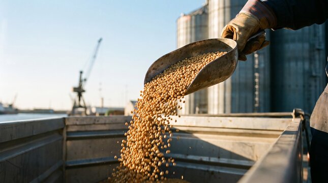 Worker pouring golden soybeans into industrial storage container at grain facility