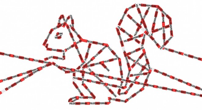 Squirrel silhouette made of red and white police caution tape on a white background.