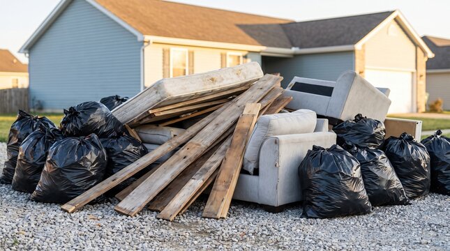 Construction debris and garbage bags piled on gravel driveway near suburban homes