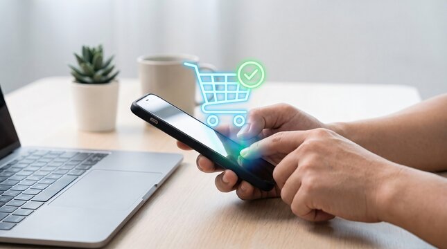 Person using smartphone for online shopping with digital cart icon on desk