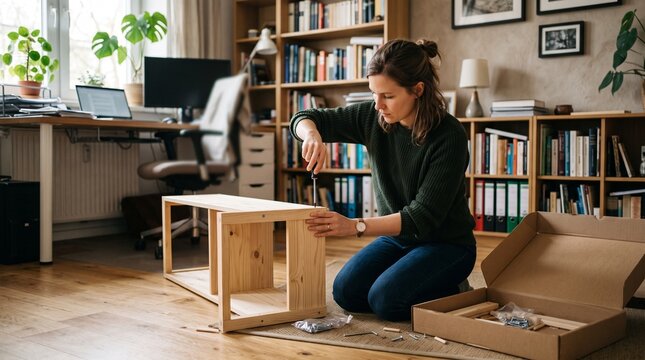 Woman assembling flat pack furniture at home using a screwdriver in a cozy living room setting
