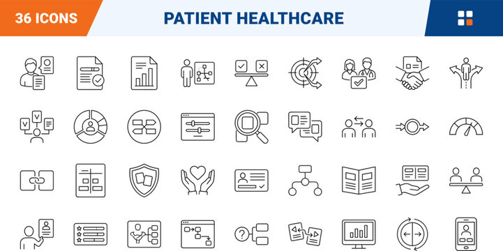 Shared decision making patient healthcare line icon set. Vector pictograms of care, medical, choice, and communication elements, thin linear illustration.