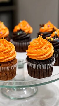 Colorful cupcakes with orange frosting and sprinkles displayed on a glass cake stand, showcasing a variety of chocolate and vanilla flavors in a bright kitchen setting