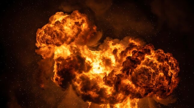 Intense fireball explosion with swirling orange flames and black smoke in dark background