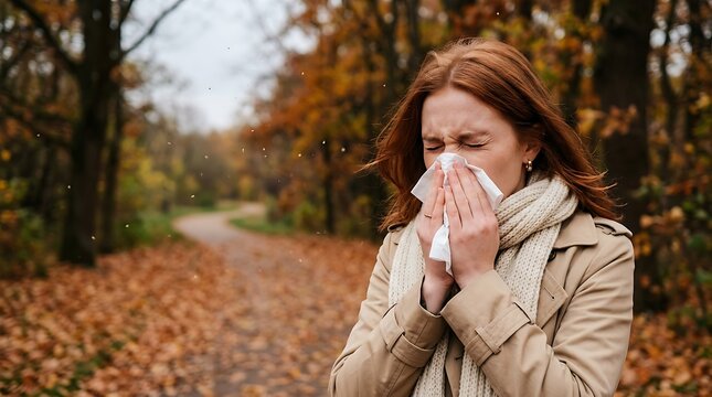 woman with red hair sneezing into tissue in autumn park with fallen leaves and trees during day.