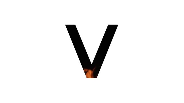 alphabet letter "V" with animated flames on a white background