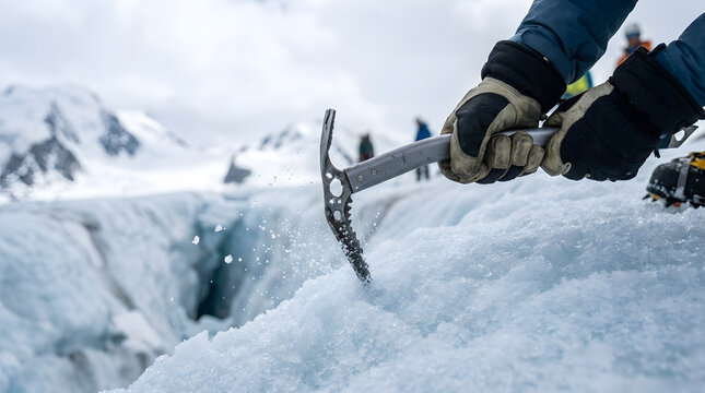 Close-up of mountaineer hands in professional winter gloves swinging a metal ice axe into blue glacial ice with flying shards, extreme ice climbing adventure in the alpine mountains backdrop.