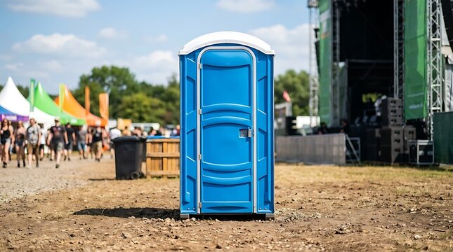 Blue portable chemical toilet unit positioned on dry dirt ground during outdoor music festival event with crowd blurred in background under bright sunny sky.