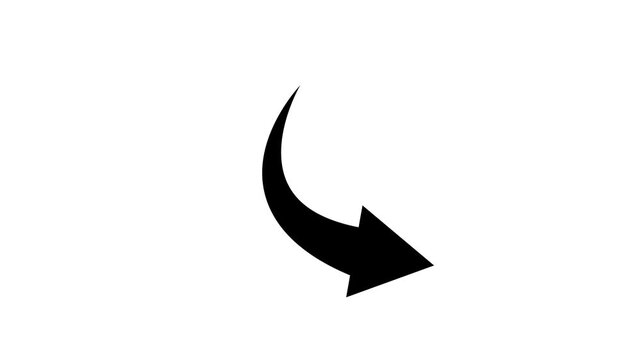 Curved arrow animated bouncing pointing down right direction on 4k white black background