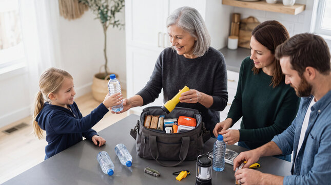 Emergency kit packing with family preparing survival supplies and water bottles in kitchen