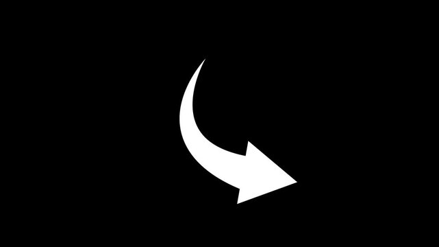 Curved arrow animated bouncing pointing down right direction on 4k white black background